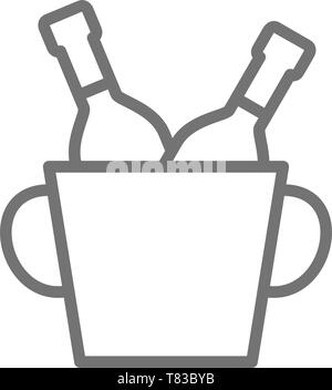 Bucket of two champagne bottles line icon. Stock Vector