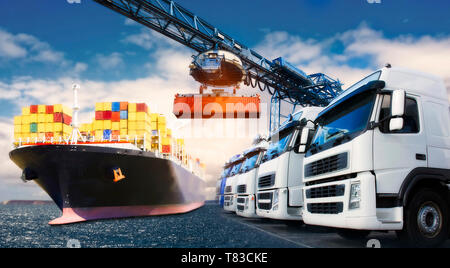Truck and ship with containers as a symbol of international trade Stock Photo