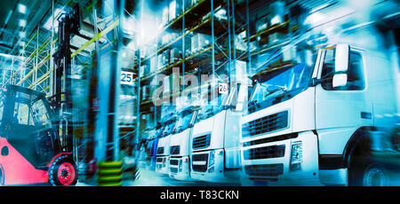 Logistics in modern transportation with warehouse, trucks and forklifts Stock Photo