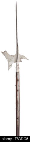 A South German or Styrian halberd Circa 1600. Sturdy, asymmetrical thrusting spike. Concave blade and down-curved fluke pierced with dots. Conical socket, four long side straps on original, octagonal, slightly shortened shaft. Length 205 cm. historic, historical, pole weapon, weapons, arms, weapon, arm, fighting device, military, militaria, object, objects, stills, clipping, clippings, cut out, cut-out, cut-outs, metal, 17th century, Additional-Rights-Clearance-Info-Not-Available Stock Photo