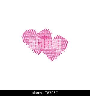 Hand painted two red hearts on white background, one line. Hand drawing of heart doodle by crayon . Use for background Stock Vector