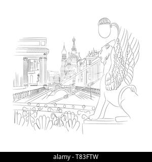 Winged lion silhouette St. Petersburg landmark Russia, Vector hand drawn engraved illustration,ink sketch isolated on white background, decorative Stock Vector
