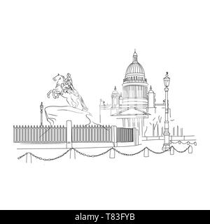 St. Petersburg architectural monuments, travel sketches, line drawing. Monument to Peter the first Stock Vector