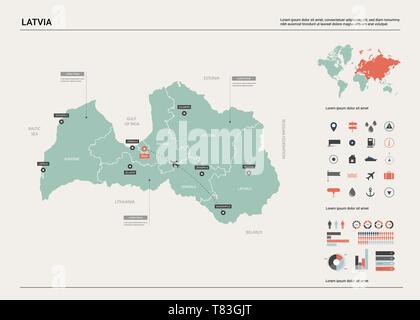 Vector map of Latvia. High detailed country map with division, cities and capital Riga. Political map,  world map, infographic elements. Stock Vector
