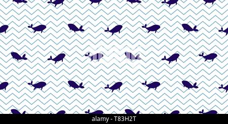 Dolphin and whale seamless vector pattern. Cartoon style blue striped fish simple background. Stock Vector