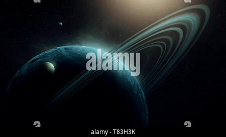 planet uranus digital illustration, planet with rings space background Stock Photo