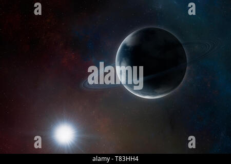 Blue planet with rings and atmosphere on space background near sun. Sci-fi space art with exoplanet. Surreal space illustration with ringed planet Stock Photo