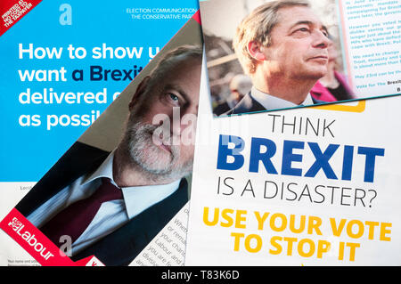 A selection of European Elections 2019 leaflets from the Labour, Liberal Democrat, Conservative and Brexit parties. Stock Photo