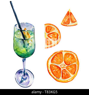 Alcoholic cocktail and orange slices. Long drink green in a glass with straw. Blue Curacao Liquor. Watercolor drawing. Stock Photo