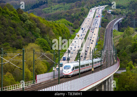 The Hallerbachtalbrücke, railway bridge, at Neustadt, Wied, Germany, along the A3 motorway, is a railway bridge of the ICE high-speed track Stock Photo