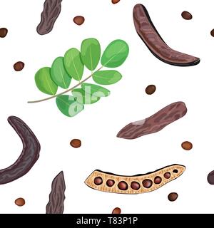 Ripe Carob sweet pods, leaves, seeds seamless vector pattern on white background. for food decoration, Stock Vector