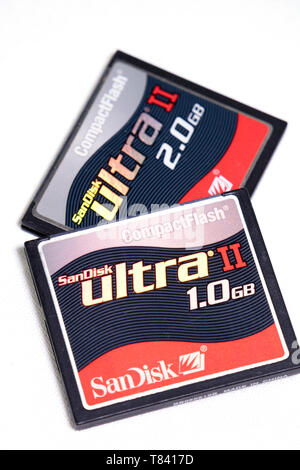 Old SanDisk CompactFlash camera memory cards 1.0GB and 2.0GB Stock Photo