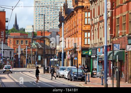 SHEFFIELD, UK - JULY 10, 2016: People walk in Sheffield, Yorkshire, UK. Sheffield is the 6th largest city in the UK with population of 529,541. Stock Photo