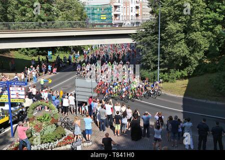 BYTOM, POLAND - JULY 13, 2016: Professional cyclists ride in peloton of Tour de Pologne bicycle race in Poland. TdP is part of prestigious UCI World T Stock Photo