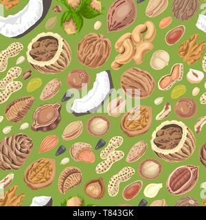 Seamless pattern with colored nuts and seeds. Vector illustration for your design Stock Vector