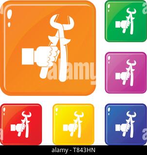 Hand holdimg calipers icons set vector color Stock Vector