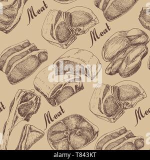 Seamless pattern with different meat products. Vector illustration for your design Stock Vector