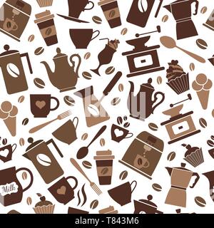 Colorful coffee icon set on white. Vector illustration. Seamless pattern. Stock Vector