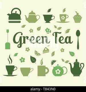 Green tea set vector icons on green background. Stock Vector