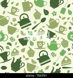 Green tea set vector icons on green background. seamless pattern. Stock Vector