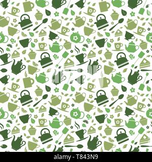 Green tea set vector icons on green background. seamless pattern. Stock Vector