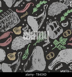 Seamless pattern with different meat products. Vector illustration for your design Stock Vector