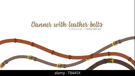 Horizontal web banner with abstract pattern of hand-drawn sketch leather belt isolated on white background. Great design for fashion, textile Stock Vector
