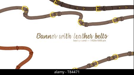 Horizontal web banner with abstract pattern of hand-drawn sketch leather belt isolated on white background. Great design for fashion, textile Stock Vector