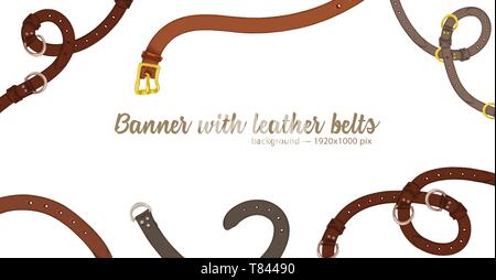 Horizontal web banner with abstract pattern of hand-drawn sketch leather belt isolated on white background. Great design for fashion, textile Stock Vector