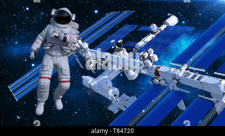 Astronaut in space floating above space station, cosmonaut with spacecraft in the background, 3D rendering Stock Photo