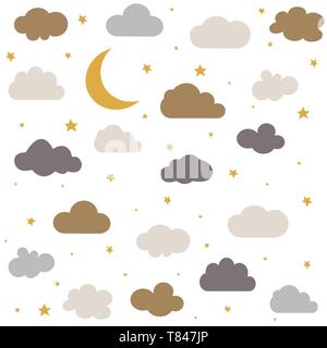 Cute baby clouds, stars, moon pattern vector seamless Stock Vector