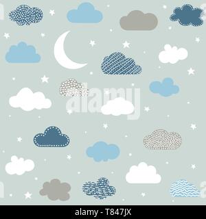 Cute baby clouds, stars, moon pattern vector seamless Stock Vector