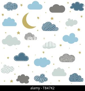 Cute baby clouds, stars, moon pattern vector seamless Stock Vector