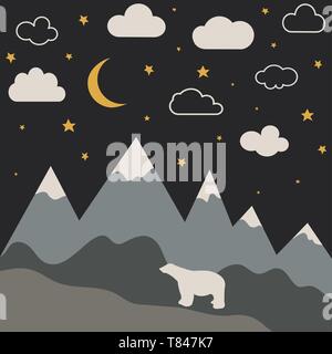 Night mountain landscape with new moon and stars. Baby room wallpaper Stock Vector