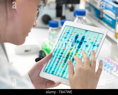Female scientist examining DNA sequence results on digital tablet in laboratory Stock Photo