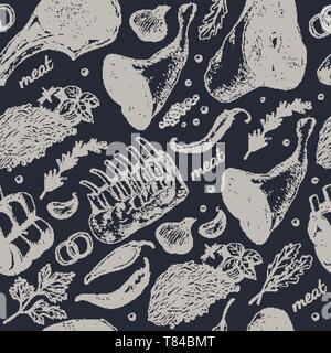 Seamless pattern with different meat products. Vector illustration for your design Stock Vector
