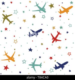 Seamless baby pattern with flying planes and stars Stock Vector