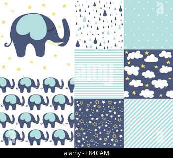 Set of baby shower patterns. Seamless pattern vector. Baby elephant vector set. Graphic design elements Stock Vector