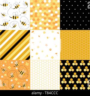 Honey and bees seamless patterns set Stock Vector