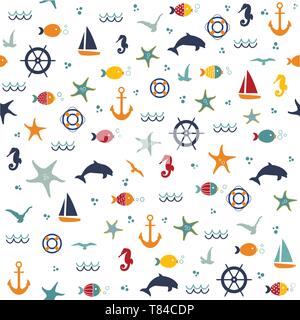 Seamless pattern with hand drawn seashells and starfishes Stock Vector