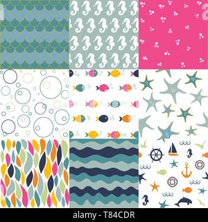 Sea seamless patterns, nautical design, marine elements Stock Vector