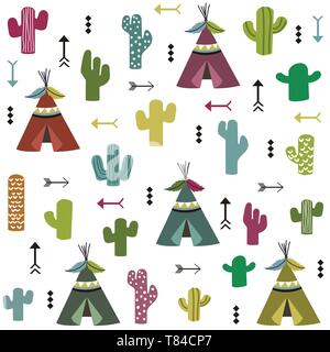 tent and cactus pattern Stock Vector
