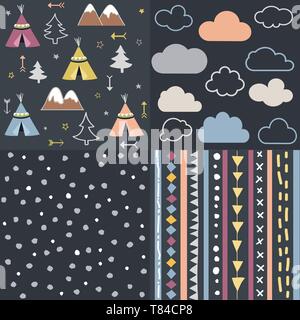 Wild & Free Teepees Trees Cloud pattern set Stock Vector