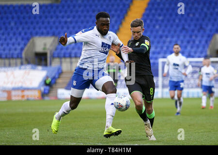 Emmanuel Monthe of Tranmere Rovers (l) and Dayle Grubb of Forest Green Rovers battle for the ball. EFL Skybet Football league two play off semi final, 1st leg match, Tranmere Rovers v Forest Green Rovers at Prenton Park, Birkenhead, Wirral on Friday 10th May 2019. this image may only be used for Editorial purposes. Editorial use only, license required for commercial use. No use in betting, games or a single club/league/player publications.pic by Chris Stading/Andrew Orchard sports photography/Alamy Live News Stock Photo