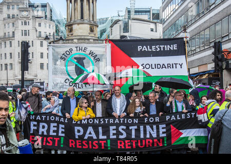 11 May, 2019. London,UK.  Lindsey German, Husam Zomlot (Palestine Mission Ambassador), Ahed Tamimi and her father (Bassem Tamimi) join thousands marching for Palestine in central London in a demonstration organised by the Palestinian Solidarity Campaign. David Rowe/ Alamy Live News Stock Photo