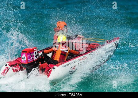 Newquay, Cornwall, UK. 11th May, 2019.  ThunderCat Racing UK has returned to the world famous Fistral Beach in Newquay for Rounds 1&2 of the 2019 ThunderCat Racing Championships.  Spectacular action as the 4m inflatable boats race and power through the surf.  Gordon Scammell/Alamy Live News Stock Photo