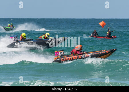 Newquay, Cornwall UK. 11th May, 2019. ThunderCat Racing UK has returned to the world famous Fistral Beach in Newquay for Rounds 1&2 of the 2019 ThunderCat Racing Championships. Spectacular action as the 4m inflatable boats race and power through the surf. Gordon Scammell/Alamy Live News Stock Photo