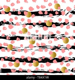 Ink vector brush strokes seamless pattern. Pink, golden and black vector illustration. Grunge texture. Stock Vector