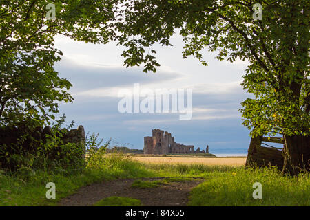 North Berwick, East Lothian, Scotland. View along path through gate to the ruins of Tantallon Castle, sunset. Stock Photo