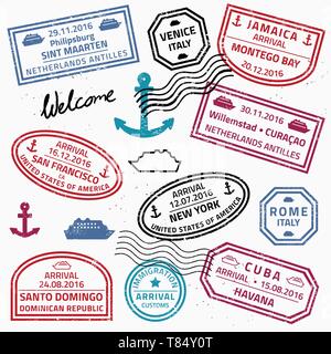 Travel stamps set vector - grunge fictitious passport visas for cruise ship destinations. Stock Vector